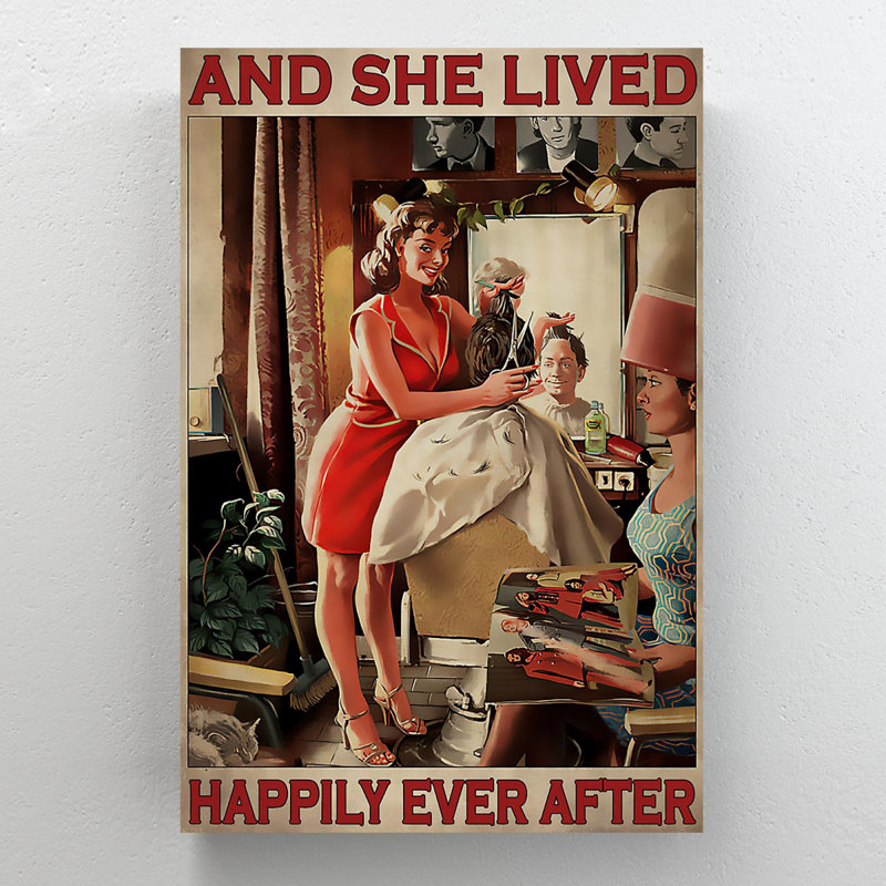 «Girl In Hair Salon - And She Lived Happily Ever After», reproduction d'art graphique sur toile tendue 1 pièce