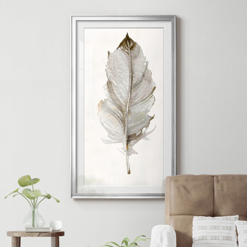 «Neutral Feather II», reproduction d'art graphique sur papier encadré, Argent argent, H 10,5 po x l 18,5 po