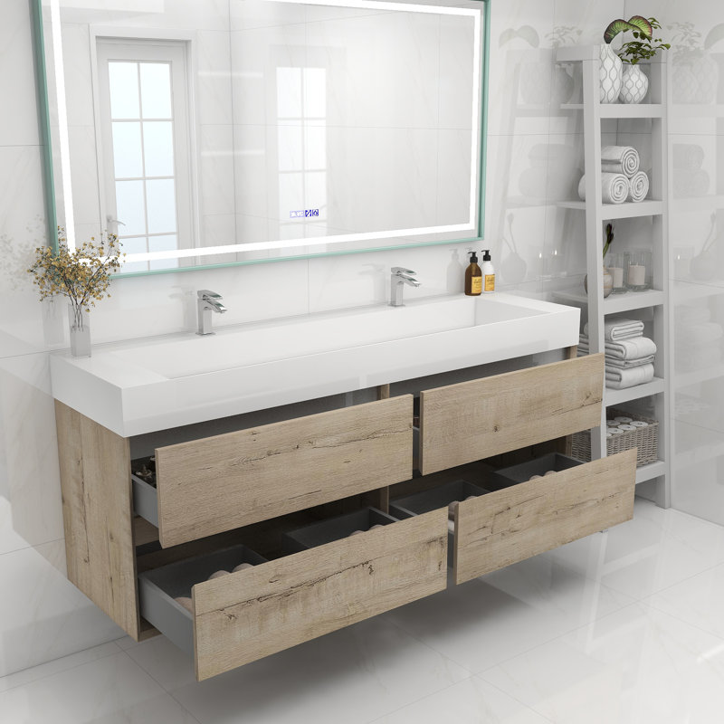 72" Wall Mounted Double Bathroom Vanity, White Oak