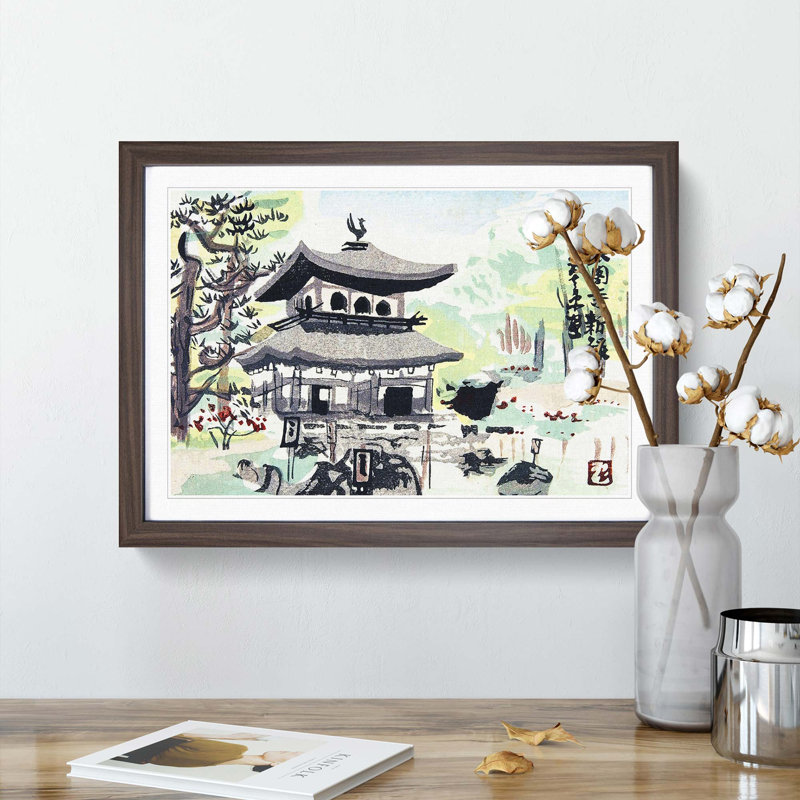 A Temple In Kyoto by Kamei Tobei - Single Picture Frame Painting, Walnut Framed, 45cm H x 63cm W x 2cm D