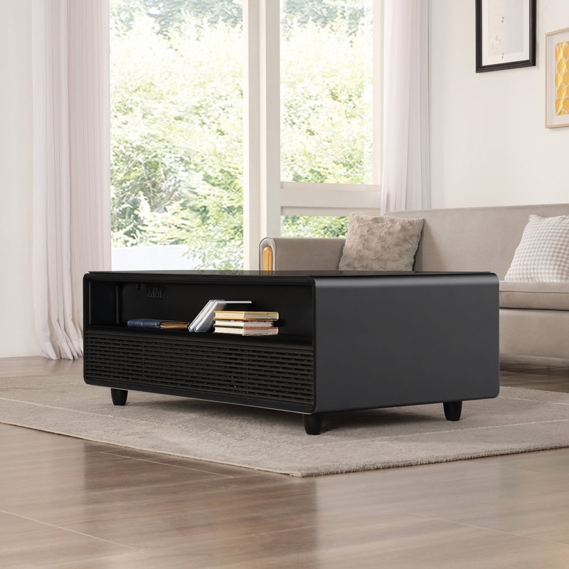 Black High Gloss Smart Coffee Table with Storage and Built-in Fridge