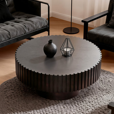 31.5'' Modern Round Wooden Olive-shaped Coffee Table with Solid Wood Fluted Design for living room