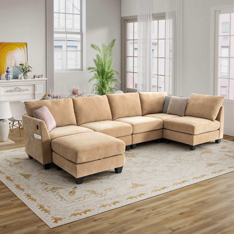 Canapé modulaire en forme de U de 124 pouces de large avec repose-pieds et ports USB, Lin sable