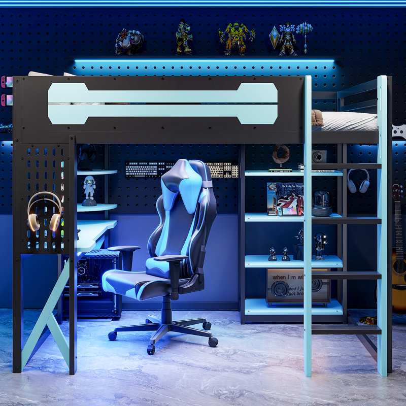 Full-Size Wooden Loft Bed with Desk, Shelves, USB/Type-C Ports & RGB LED Light, Black+Blue, Blue