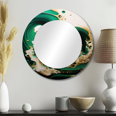 Stilu émeraude vert et or abstrait Waves I - miroir mural spirales abstraites, miroir décoratif rond moderne, impression d'art en métal