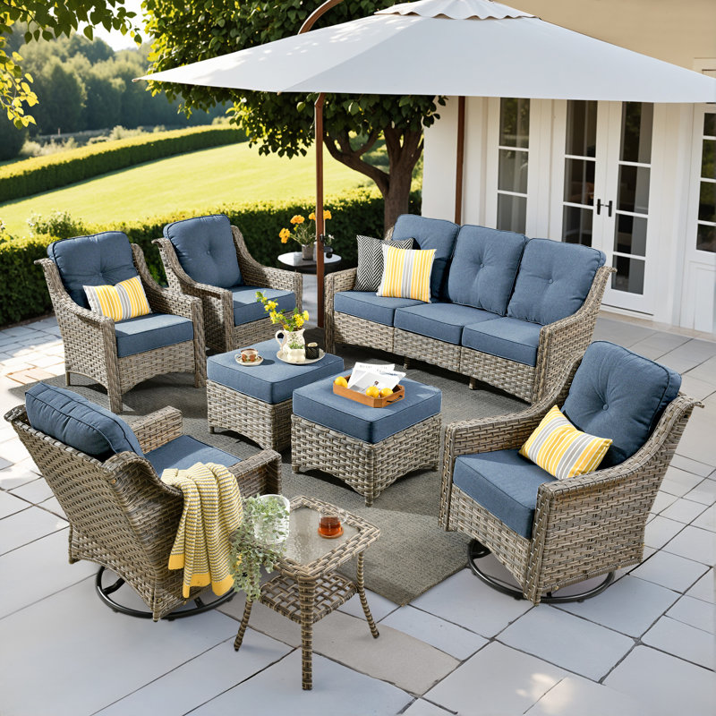 9 - Person Patio Furniture Sofa with Swivel Rockers , Outdoor Wicker Rattan High Back Sofa with Cushions, All Weather Sofa with Ottomans for Garden Backyard