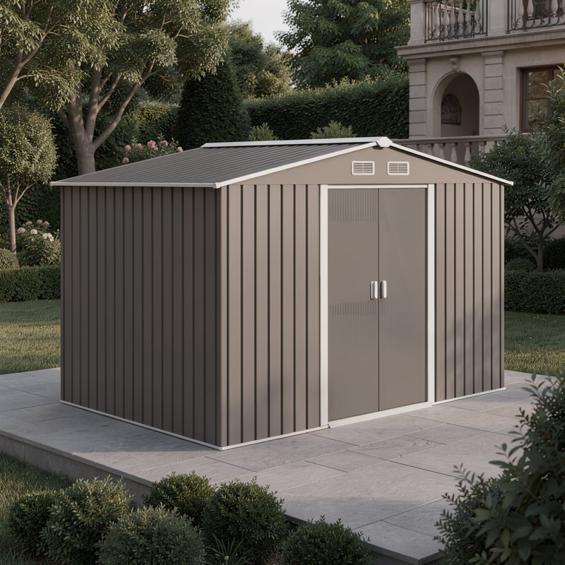 9ft X 6ft Outdoor Metal Garden Storage Shed With Roof, Foundation Base, Ventilation & Lockable Double Doors Weather-resistant Tool Storage Box
