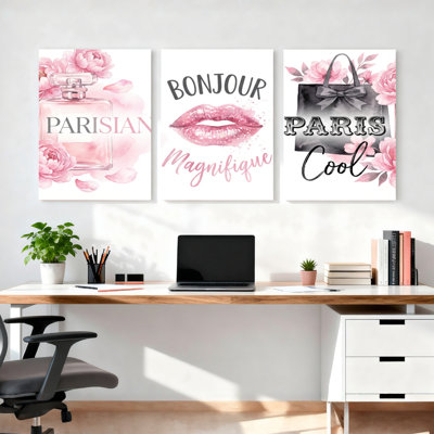 Parisian Floral Perfume Lipstick And Shopping Bag Canvas Wrapped Wall Art Set Of 3 For Living Room Bedroom Or Bathroom Decor