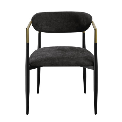 Ensemble de 2 chaises de salle à manger Jaramillo en chenille noire avec accoudoirs décoratifs dorés