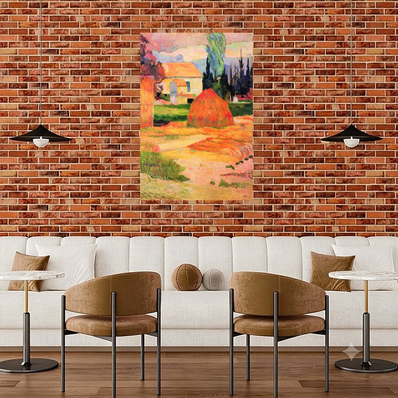 Haystack In Village Classic Colorful Abstract Landscape Summer Wall Art Print by Paul Gauguin - Wrapped Canvas Print