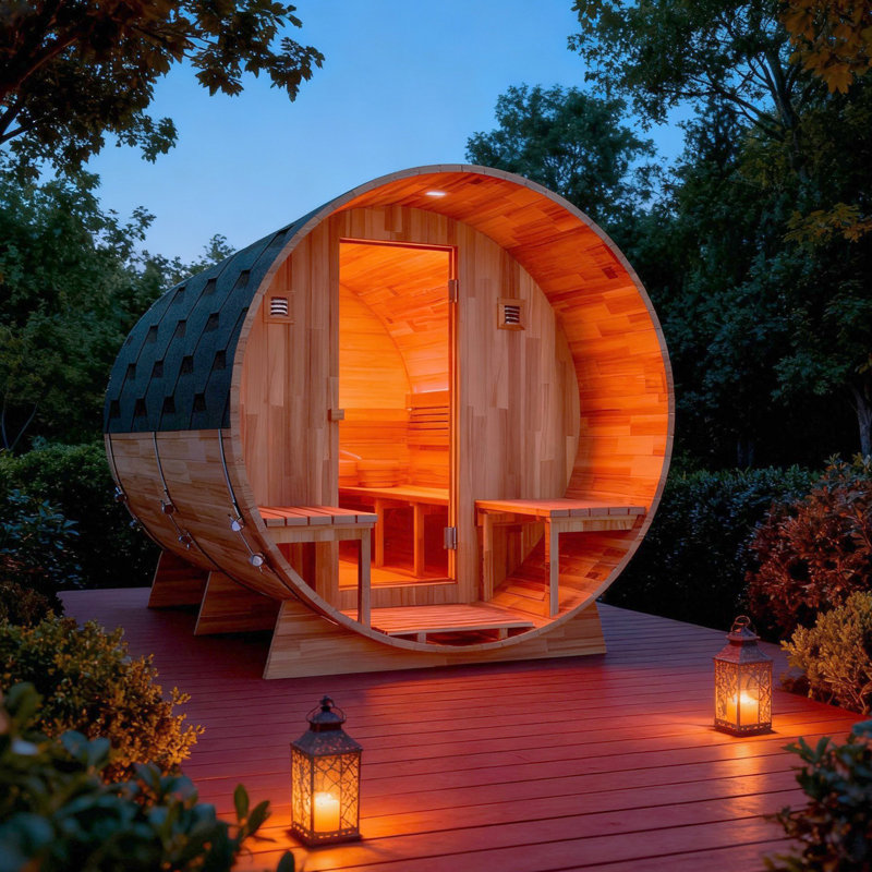 4-6 Person Outdoor White Cedar Barrel Wet Sauna With 6Kw TOULE Rock Heater, Front Porch, And Scenic Wide Viewing Port
