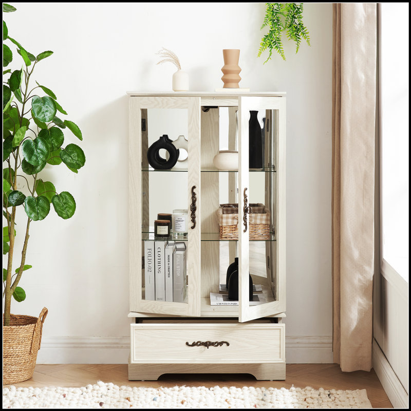Armoire en verre blanc avec 2 portes, 1 tiroir, tablettes réglables et éclairage interne pour la présentation et le rangement