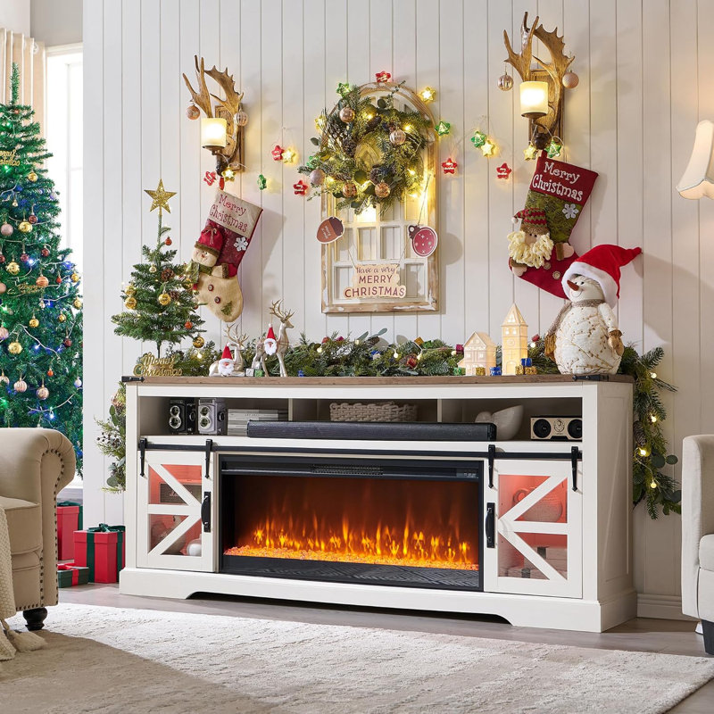 Taye 2-Cabinet TV Stand Fireplace, Antique White