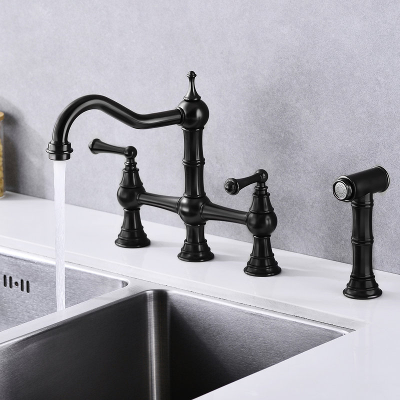 Bridge Style Kitchen Faucet With Dual Handles In Matte Black And Pull-Out Side Spray, 360 Turning High Overflow, Rust, , Leak-, Brass Manufactured Two Degree Rotating Cleaning Rust-, , Leak-,