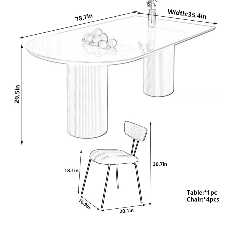 Table de salle à manger en pierre matte avec pieds colonne romaine, H 29,5 po x L 78,7 po x l 35,4 po