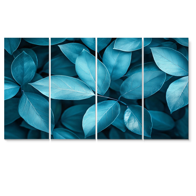 Feuilles bleu sarcelle monochromes Layrs II - art mural sarcelle - toile d'art traditionnelle, H 32 po x l 64 po, 4
