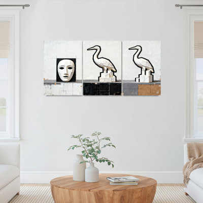 «Abstract Mask and Heron Sculpture», ensemble de 3 reproductions d'art sur toile tendues