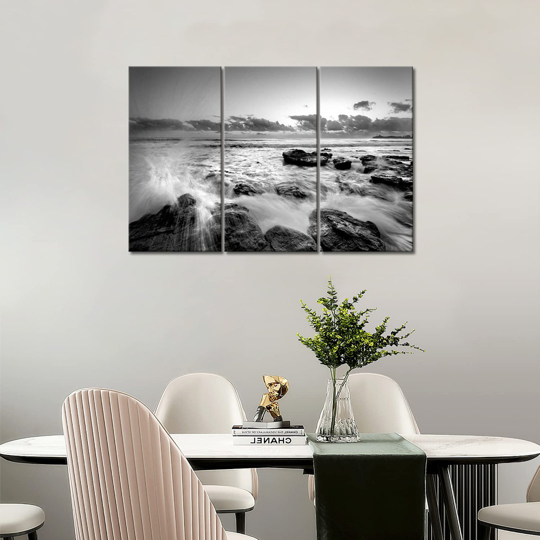 Schwarz und weiß Meer Welle Rush in Stein Wand Kunst Gemälde Bilder drucken auf Leinwand Seascape Das Bild für Haus mode...