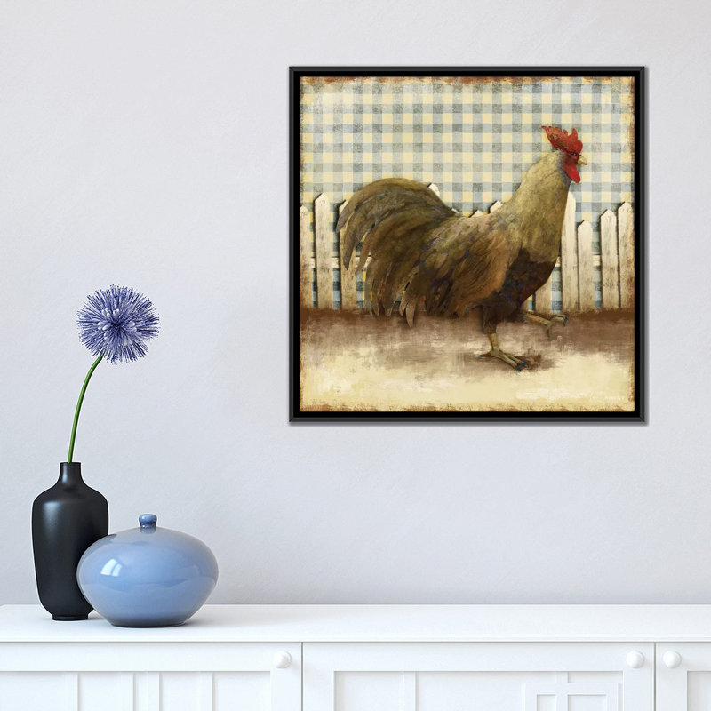 «Rooster on Damask I» par Dan Meneely - reproduction d'art, H 18 po x l 18 po x 1,5 po, Toile avec cadre noir, Aucun mat