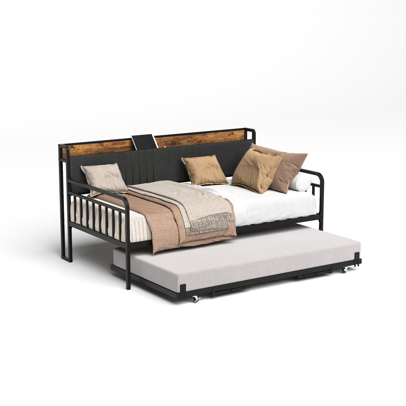 Lit de jour gigogne avec lit simple en métal noir, tête de lit rembourrée, prises de recharge, éclairage intégré pour le salon. Ce lit de jour gigogne comprend un cadre de lit, une tablette de tête de lit, un éclairage et des prises de recharge. Pratique pour la chambre.