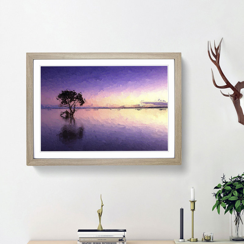 Tree Alone During a Purple Sunset in Abstract - Picture Frame Painting Print, 48cm H x 65cm W x 2cm D, Oak Framed