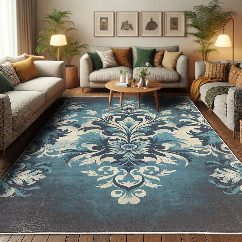 Sea Blue and Dark Purple Damask Synthetic Area Rug