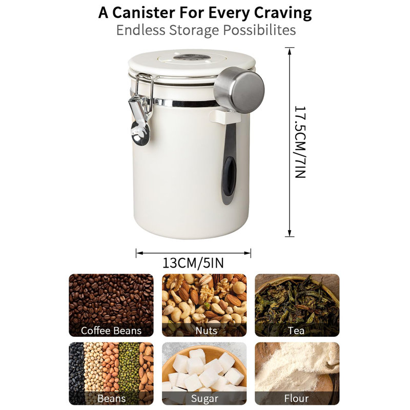 Contenant à café avec couvercle hermétique, 22 oz, 60 oz liq., Contenant en acier inoxydable à couvercle hermétique avec suivi des dattes et pot de rangement des aliments pour café, grains, farine, céréales (blanc)