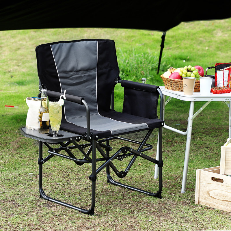 Oversized Folding Director Camping Chair, 1 Pcs Heavy Duty Portable Outdoor Chair with Aluminum Side Table, Black