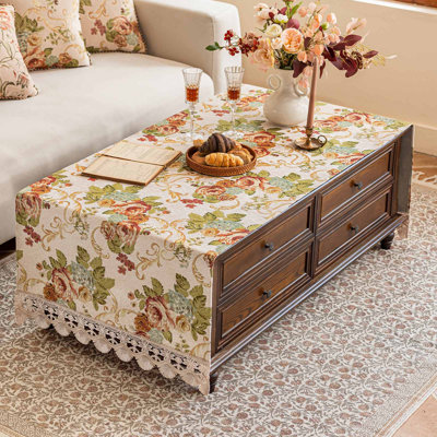 Nappe de table basse antidérapante en chenille à motif floral vintage avec bordure en dentelle, Fleury Glory Ivoire, 70 x 170 cm