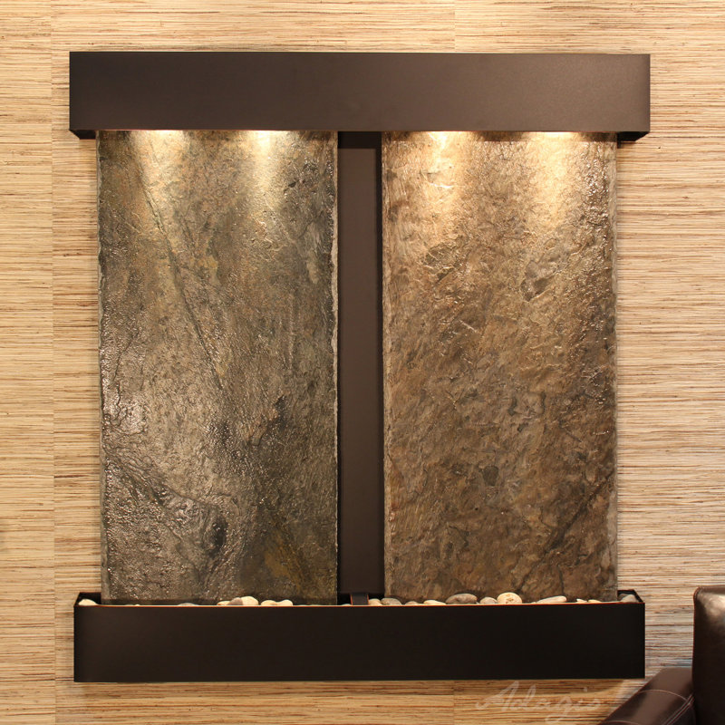 Aspen Falls Wall Fountain with Light, Blackened Copper, Green Slate