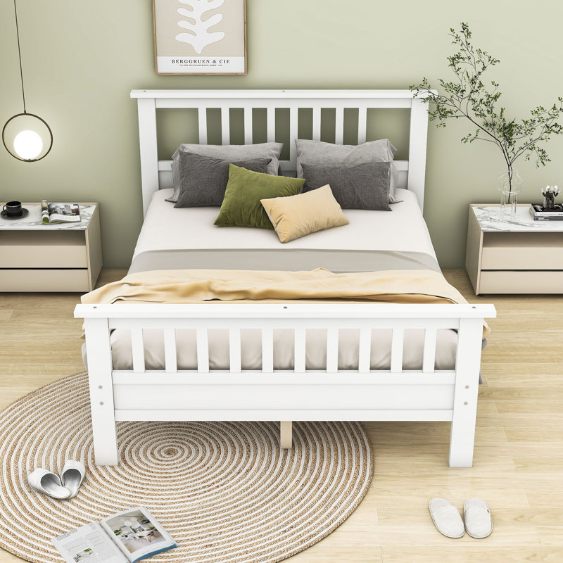 Wooden Platform Bed With Headboard, Full, White