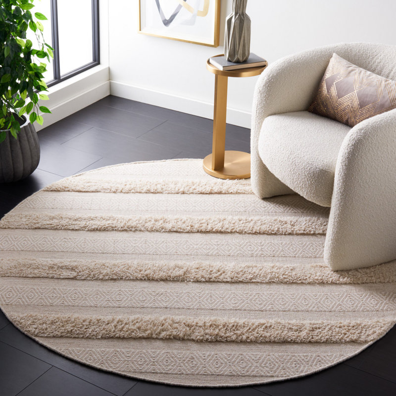 Sandisfield Handwoven Ivory/Beige Striped Wool Area Rug, Round 6'