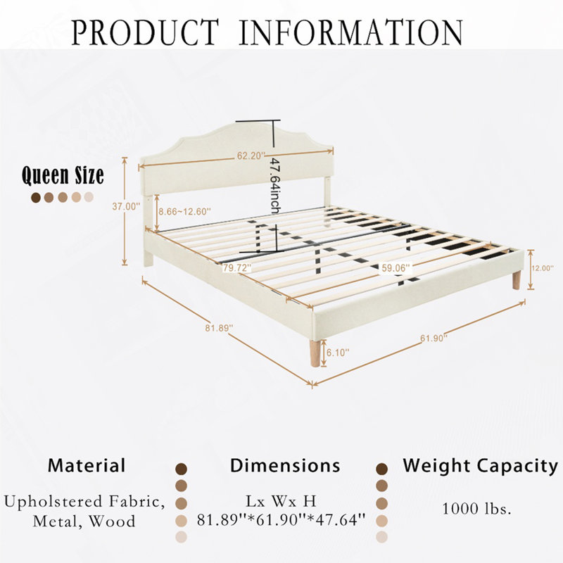 Linen Fabric Upholstered Platform Bed with Adjustable Headboard, Queen, Beige