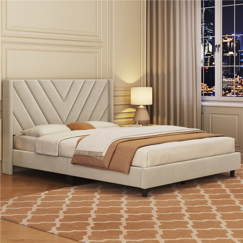 Permelia Upholstered Wingback Bed, Queen, Beige