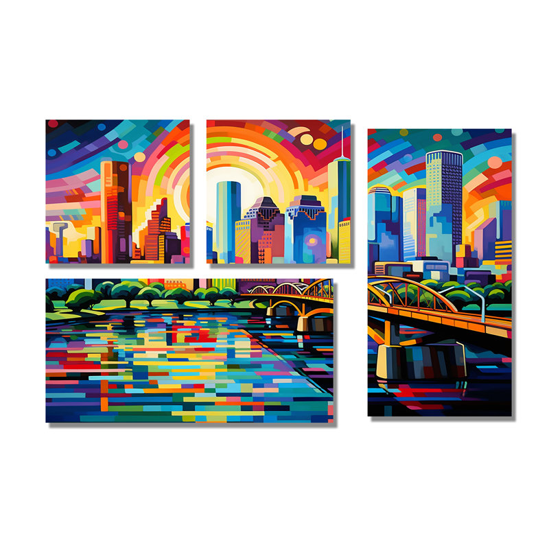 «City Houston Popart», ensemble de 4 grands panneaux muraux Houston, Toile tendue, Ne s’applique pas