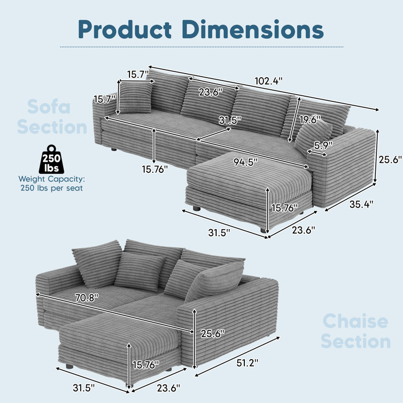 Almonte 103'' Modular Sectional Sofa With Chaise Conversion And 2 Throw Pillows, Gray Corduroy