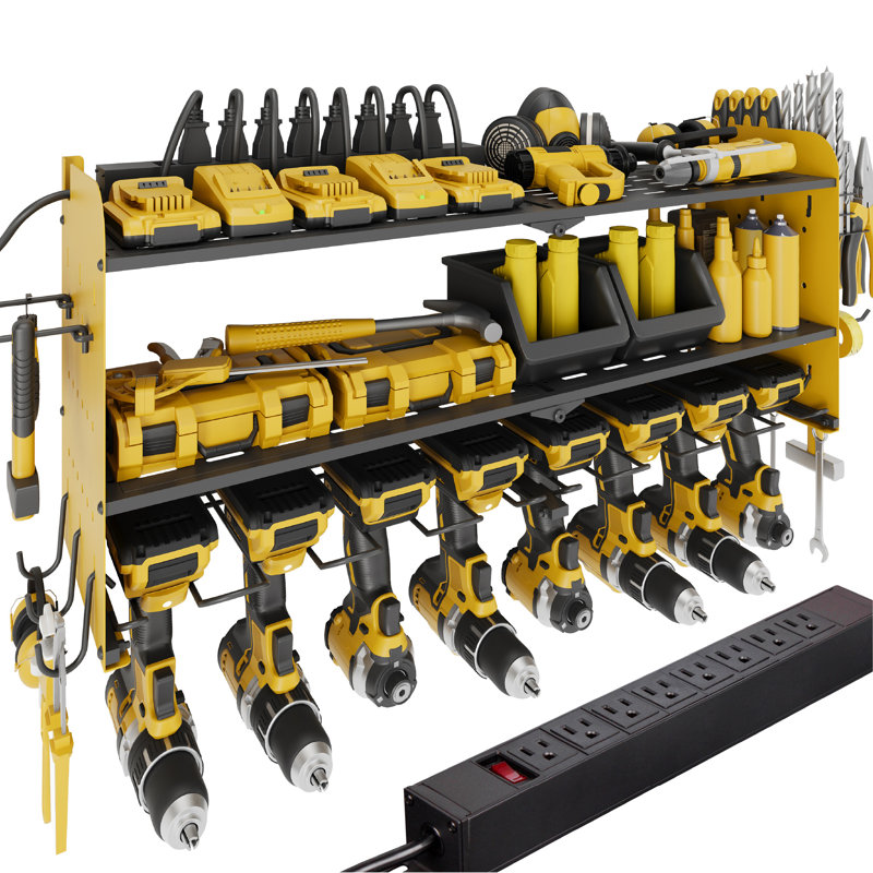 Power Tool Organizer with Charging Station Garage 8 Drill Holders Wall Mount with 8 Outlets, Yellow