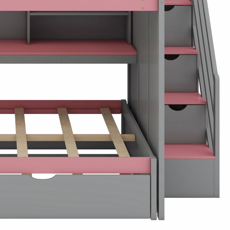 Lit escalier compact avec lit gigogne et tablettes intégrées, DEL, Gris