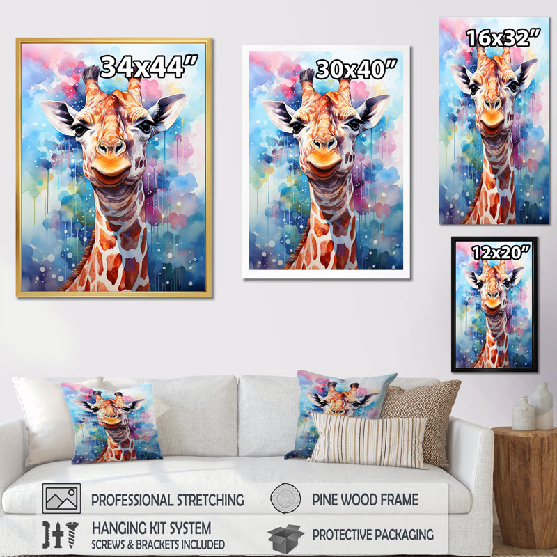 Portrait de girafe Pop Art - Reproduction d'art mural girafe, H 32 po x l 24 po x P 1 po, Cadre simple argenté