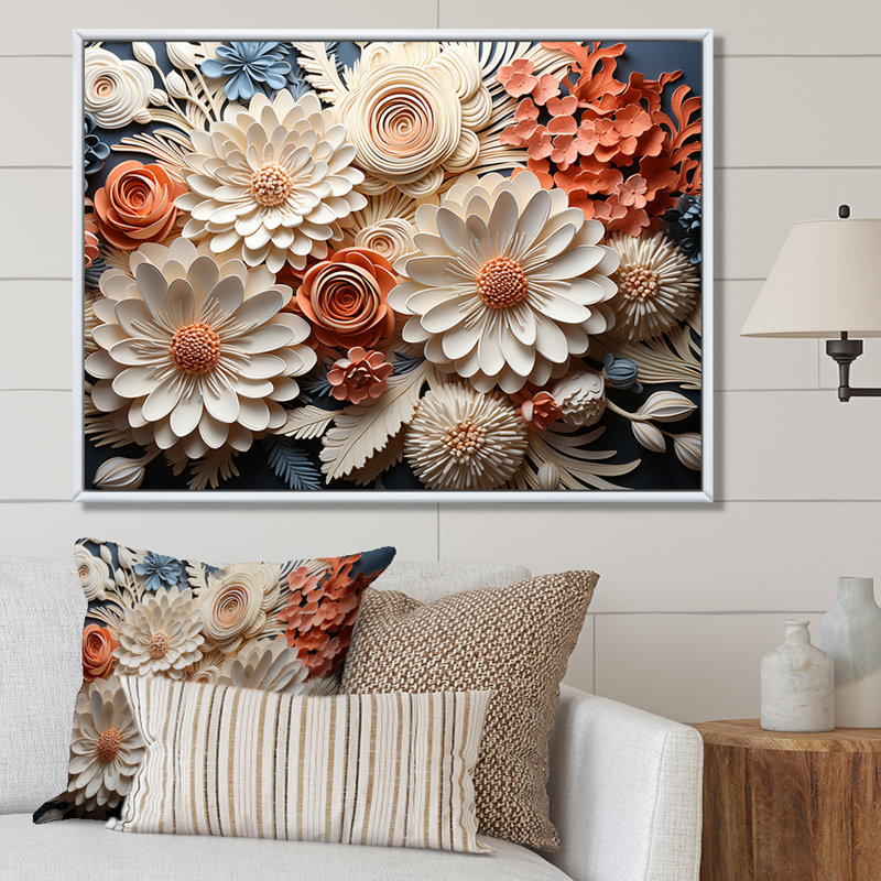 Pêche et corail blanc I - art botanique abstrait, Cadre naturel flottant, H 16 po x l 32 po x P 1 po