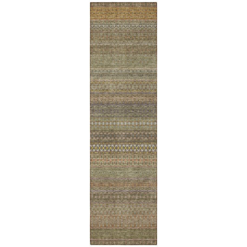 8' Runner Khaki Striped Washable Non Skid Indoor Outdoor Runner Rug
