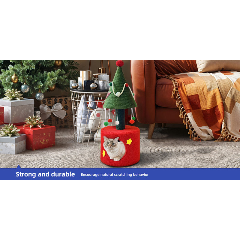 Festive Green and Red Sisal Christmas Cat Tree with Hideaway Cave