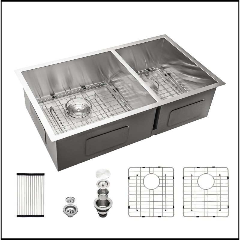 Évier de cuisine en acier inoxydable à double cuve encastrable 33 x 19 po (60/40) avec évier profond de 9 po