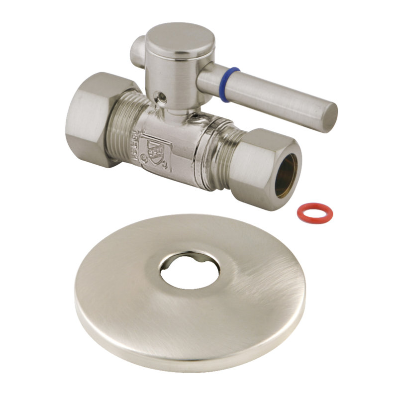 Kingston Brass 5/8-Inch OD Comp x 1/2-Inch OD Comp Quarter-Turn Straight Stop Valve with Flange, Brushed Nickel