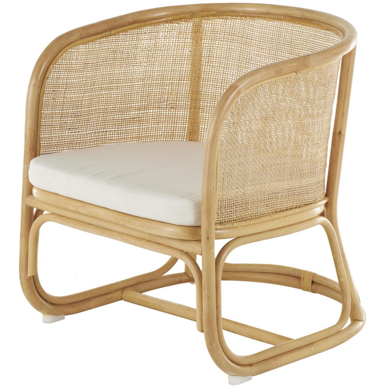 Cole And Grey Rattan Woven Rounded Accent Chair With White Fabric Cushion