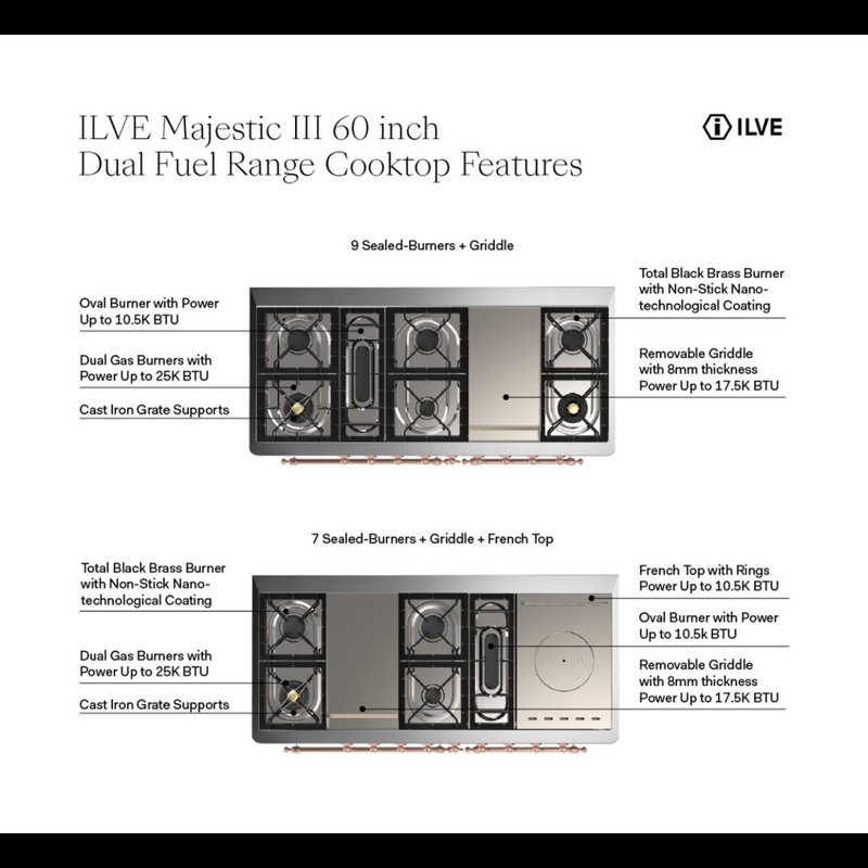 Majestic III Series 60 Inch Dual Fuel Range with 7 Sealed Burners, Griddle, Frenchtop in RAL (Natural Gas, Brass Trim)