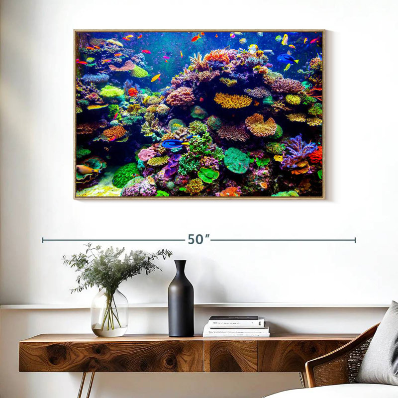 Aquarium de Singapour, récif de corail, Cadre flottant en bois naturel, 40 po x 27 po