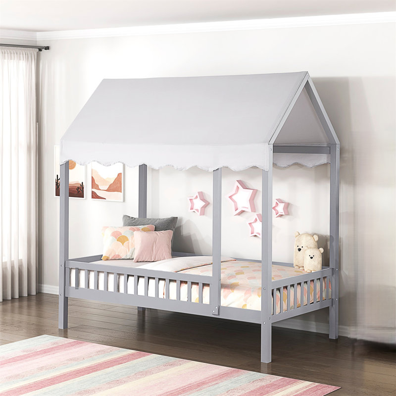 Finition grise lit plateforme lit à baldaquin en tissu moderne en bois 1pc, Gris