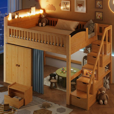 Lit mezzanine double en bois de pin avec garde-robe et DEL Ellington l 56,4 po x P 80,9 po x H 61,6 po