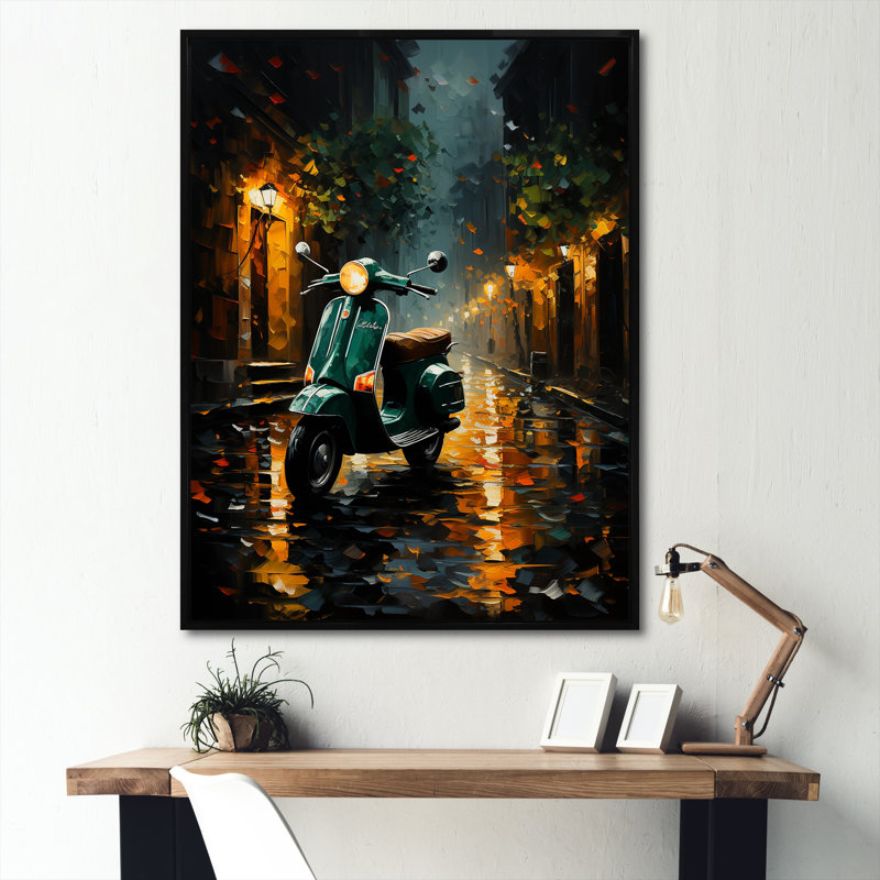 «Night Streets And Scooters III», reproduction sur toile, Cadre flottant noir, H 40 po x l 30 po x P 1,5 po